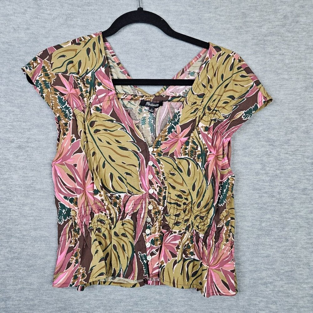 Madewell Women's Shirred Cap Sleeve Button up Brushstroke monstera Top Sz M NEW